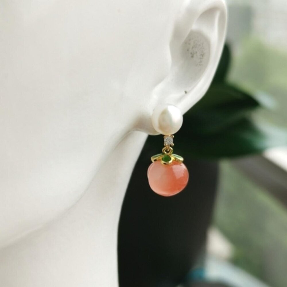 White Freshwater Pearl Rhodochrosite Peach Earrings